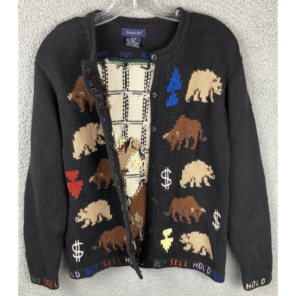 VTG Y2K Eagle's Eye Stock Market Snap Cardigan M Bulls Bears Buy-Sell-Hold RARE - Picture 5 of 12
